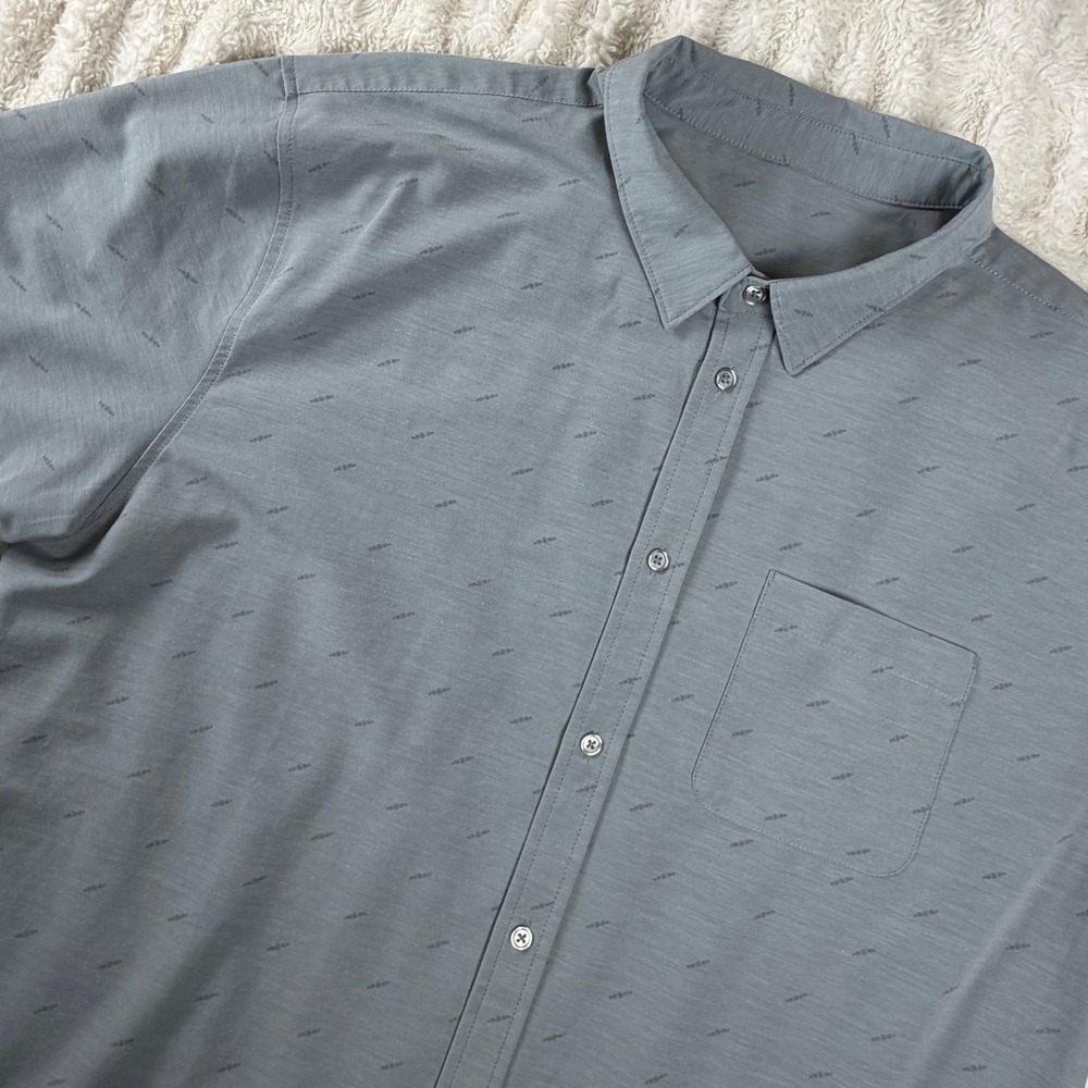 Vuori Mens Short Sleeve Button Down Shirt Grey Micro Print Stretch Large